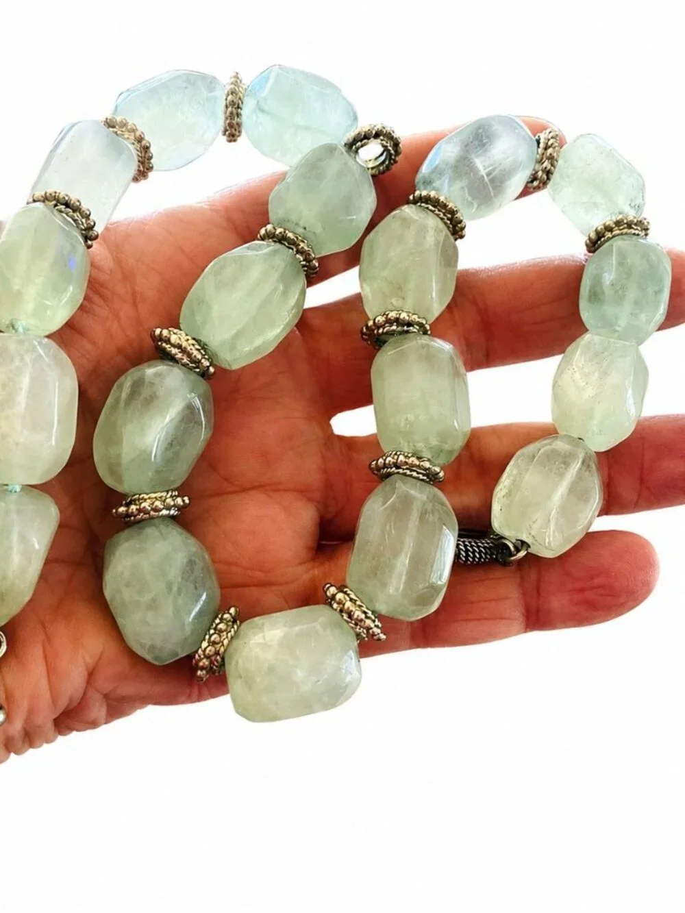 Vintage Green Fluorite Nugget Bead Necklace Bali Silver Tone Toggle Clasp 17”